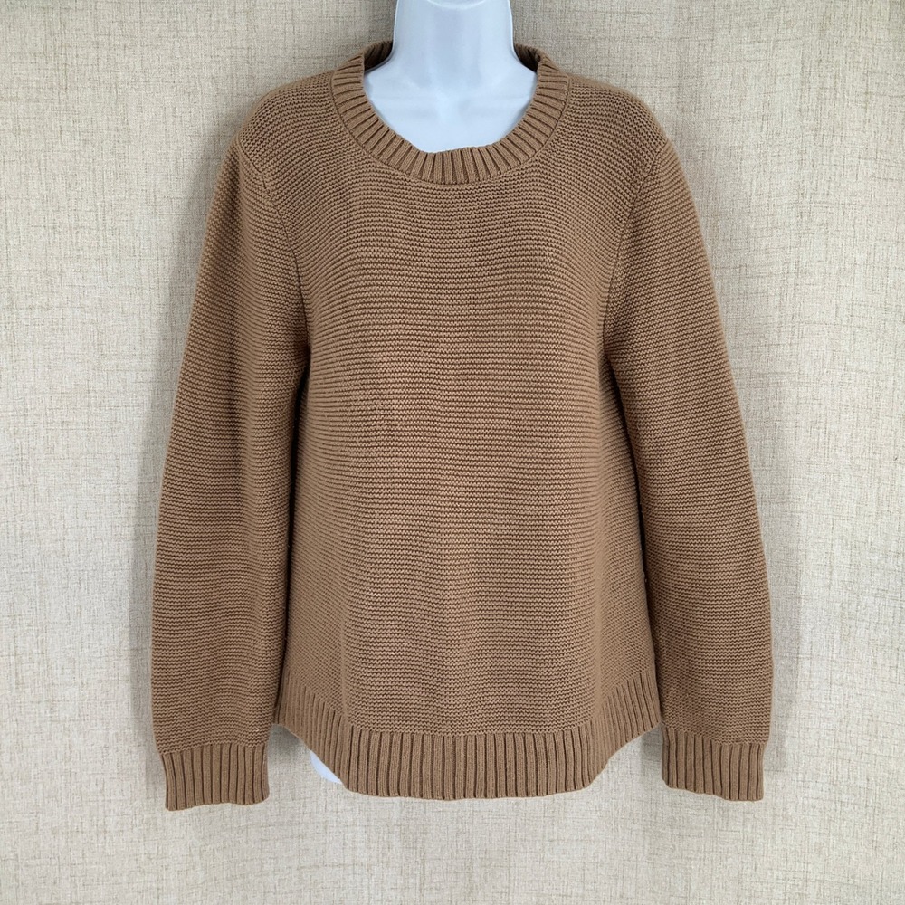 J.Crew Womens Sz L Garter Stitch Cotton Wool Blend Crewneck Sweater Camel Brown